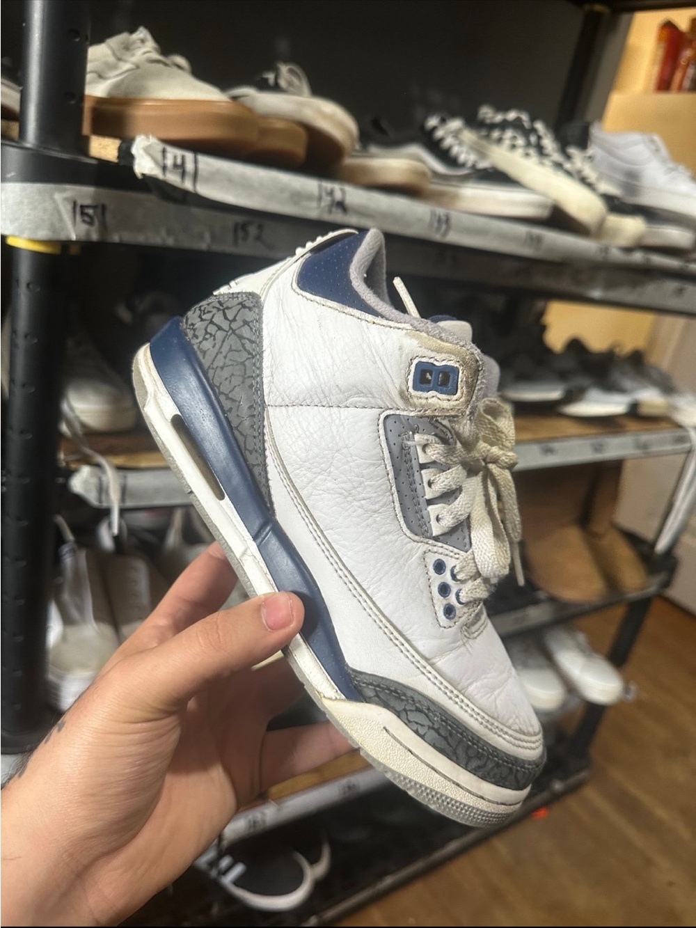 White and Navy Men's Leather Basketball Sneaker